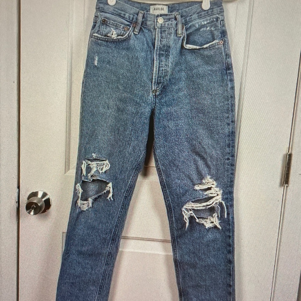 Agolde Mid-Blue Straight Leg Ripped Jeans